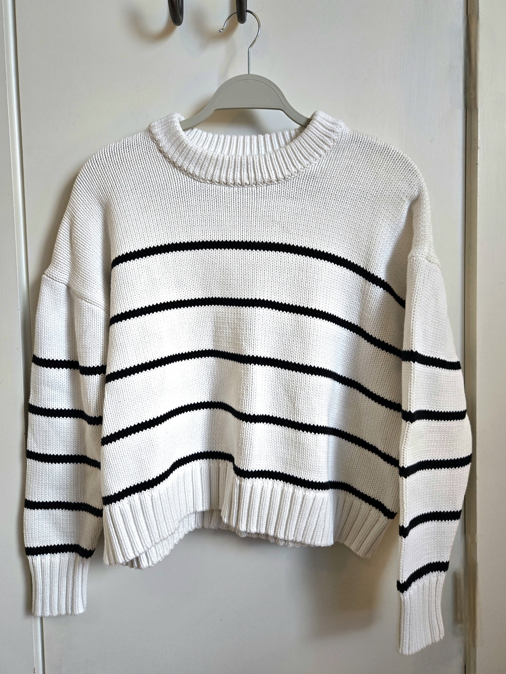 Quince Ivory & Black Striped Organic Cotton Cropped Crewneck Sweater